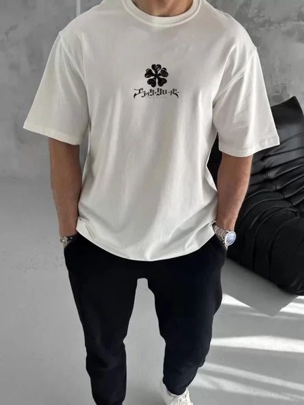 Unisex Bisiklet Yaka Baskılı Oversize T-Shirt - Beyaz ürün görseli