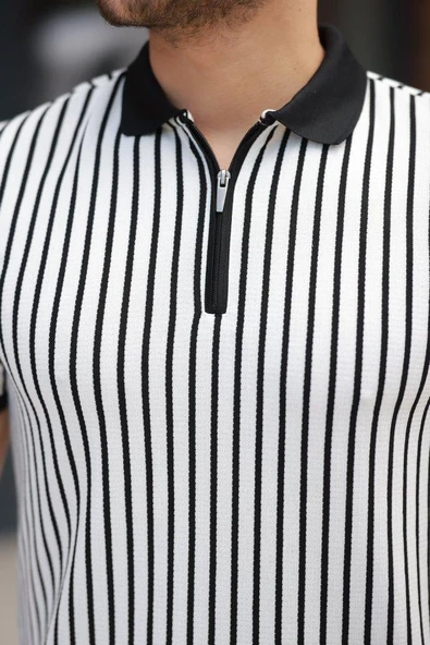 Erkek çizgili Fermuar Yakalı Kısa Kollu Tişört - Resim 3