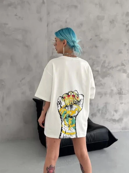 Unisex Bisiklet Yaka Baskılı Oversize T-Shirt - Beyaz - Resim 3