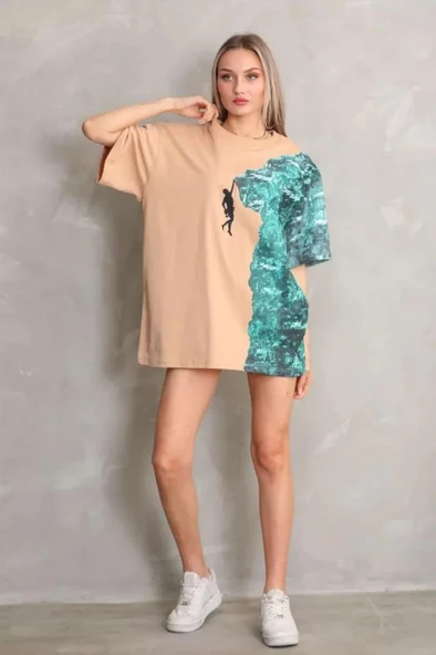 Unisex Bisiklet Yaka Baskılı Oversize T-Shirt - Bej ürün görseli