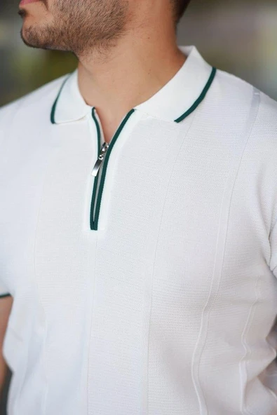 Erkek Dikey Kabartmalı Örgü Dokulu Fermuar Yakalı Tişört - Resim 3