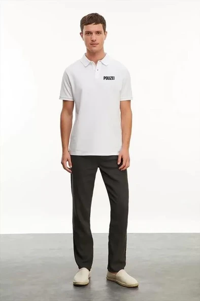 Yakası Düğmeli Yakalı Pike Baskılı T-Shirt - Beyaz ürün görseli