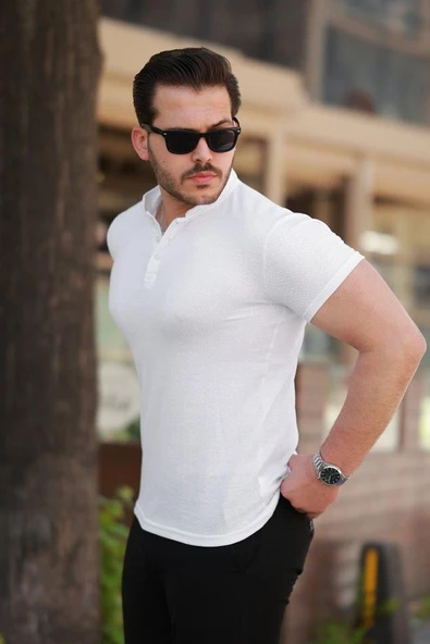 Erkek Hakim Yaka Dokuma Pamuklu Kumaş Kısa Kollu T-shirt - Resim 2