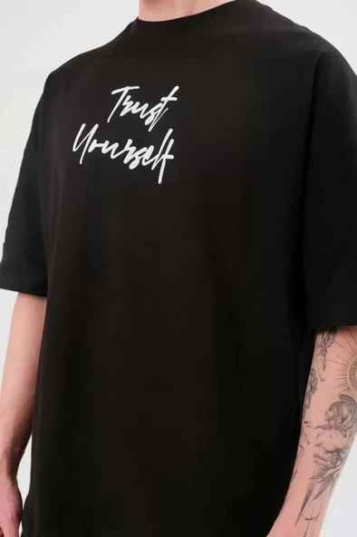 Unisex Bisiklet Yaka Baskılı Oversize T-Shirt - Siyah - Resim 2