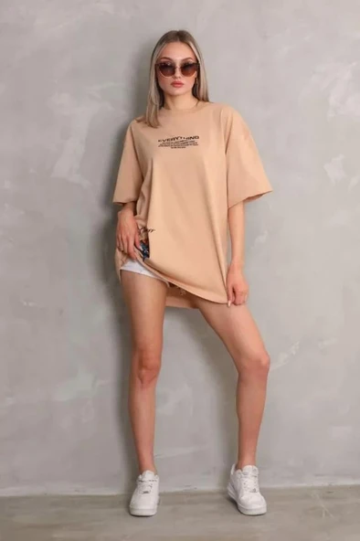 Unisex Bisiklet Yaka Baskılı Oversize T-Shirt - Bej - Resim 3