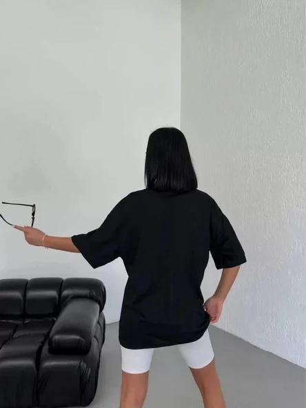 Unisex Bisiklet Yaka Baskılı Oversize T-Shirt - Siyah - Resim 2