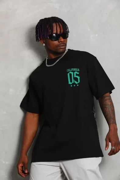 Unisex Oversize Baskılı Bisiklet Yaka T-Shirt - Siyah ürün görseli