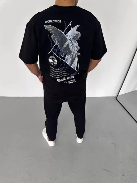 Unisex Bisiklet Yaka Baskılı Oversize T-Shirt - Siyah - Resim 3