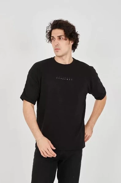 Unisex Jakar Kumaş Rahat Kol T-Shirt - Siyah - Resim 2