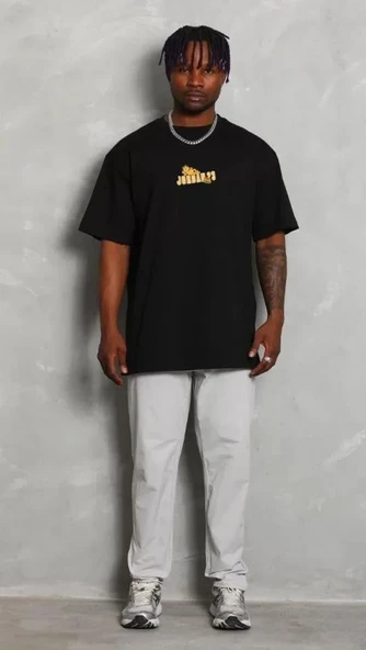 Unisex Bisiklet Yaka Baskılı Oversize T-Shirt - Siyah ürün görseli