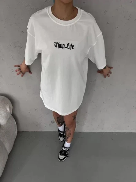 Unisex Bisiklet Yaka Baskılı Oversize T-Shirt - Beyaz ürün görseli