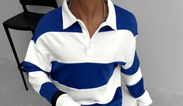 Unisex Üç İplik Parçalı Yakalı SweatShirt - Mavi ürün görseli