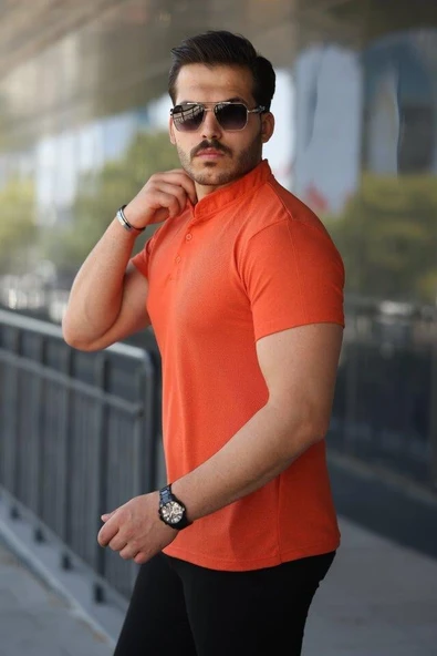 Erkek Hakim Yaka Dokuma Pamuklu Kumaş Kısa Kollu Tişört - Resim 2