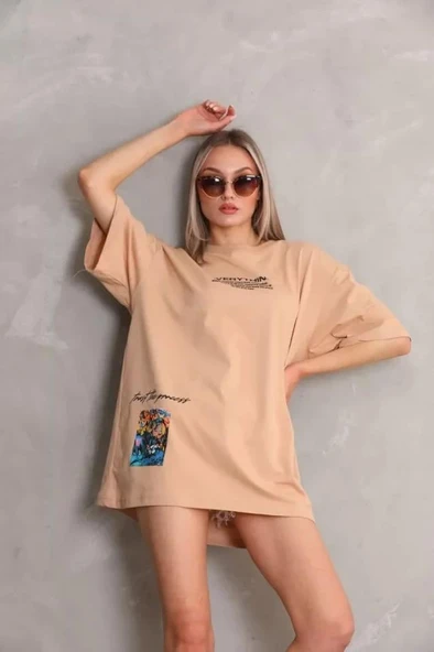 Unisex Bisiklet Yaka Baskılı Oversize T-Shirt - Bej - Resim 2