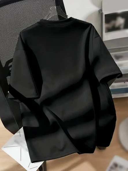 Baskılı Oversize Bisiklet Yaka T-shirt - Siyah - Resim 4