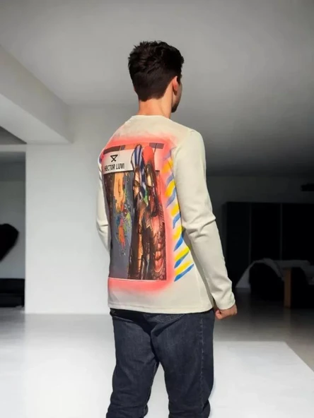 Unisex Bisiklet Yaka Uzun Kollu T-Shirt - Beyaz - Resim 2