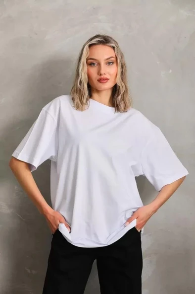 Unisex Bisiklet Yaka 20/1 Düz Oversize T-Shirt - Beyaz - Resim 2