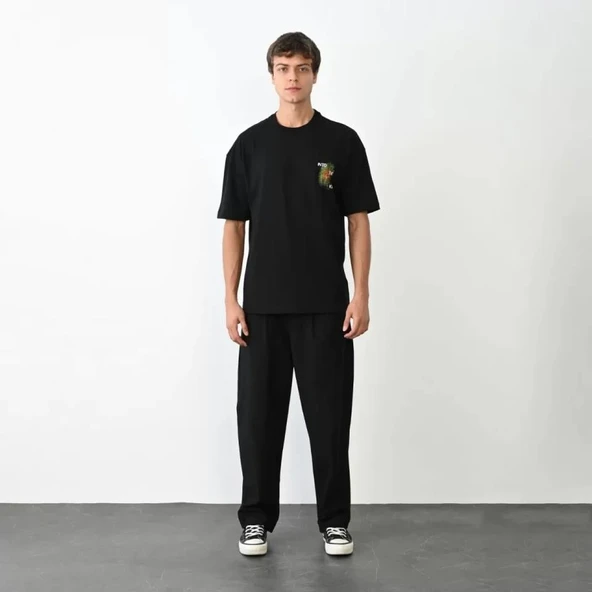 Unisex Bisiklet Yaka Baskılı Oversize T-Shirt - Siyah ürün görseli