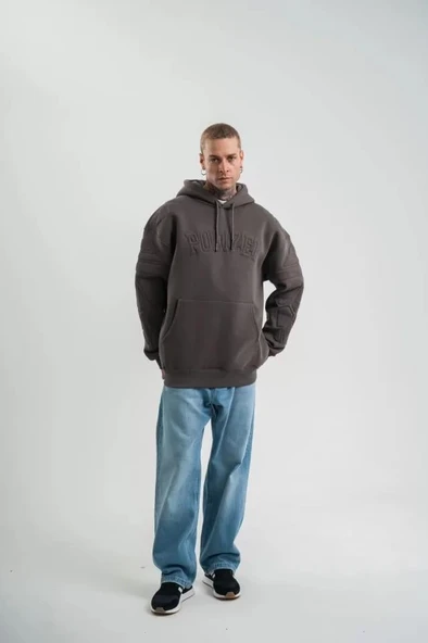 Double Oversize Kapşonlu Nakışlı SweatShirt - Füme - Resim 4