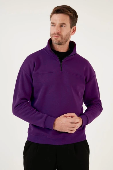 Oversize Yarım Farmuarlı Yakalı Basic SweatShirt - Mor ürün görseli