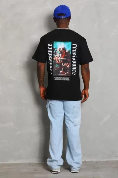 Unisex Oversize Baskılı Bisiklet Yaka T-Shirt - Siyah - Resim 4