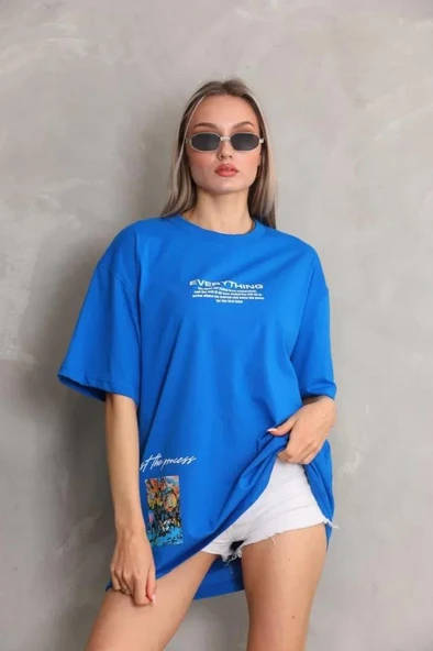 Unisex Bisiklet Yaka Baskılı Oversize T-Shirt - Mavi ürün görseli
