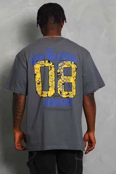 Unisex Oversize Baskılı Bisiklet Yaka T-Shirt - Füme - Resim 4