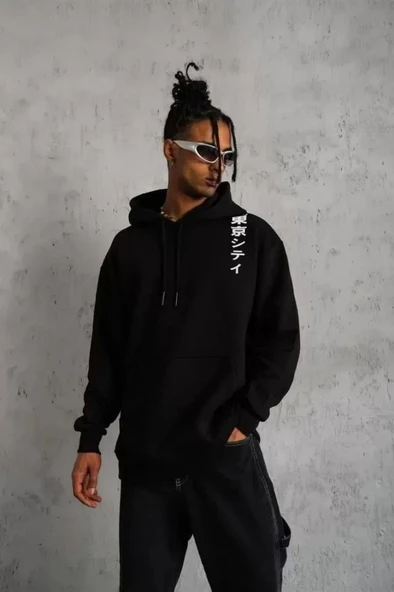 Unisex Kapşonlu Uzun Kol Baskılı Sweetshirt - Siyah ürün görseli