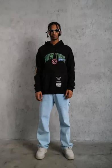 Erkek Baskılı Kapüşonlu Sweatshirt - Siyah - Resim 4