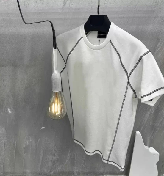 Unisex Karoyaka Dikişli Oversize T-Shirt - Beyaz ürün görseli