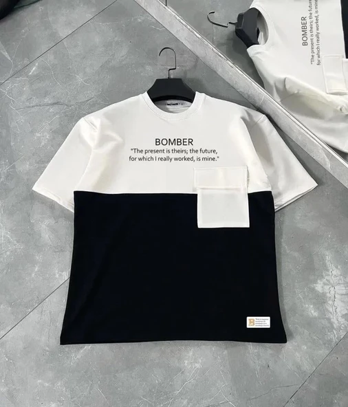 Unisex Torba Cep Detaylı  Parçalı T-Shirt - Siyah ürün görseli