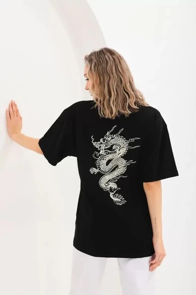 Unisex Baskılı Oversize T-Shirt - Siyah ürün görseli