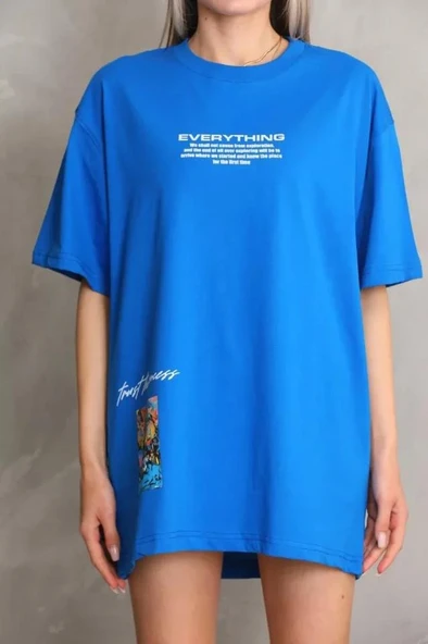 Unisex Bisiklet Yaka Baskılı Oversize T-Shirt - Mavi - Resim 2