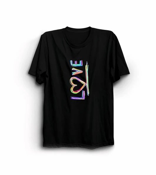 Sevgililer Günü İçin Özel Tasarım Love Baskılı T-shirt - Siyah - 1