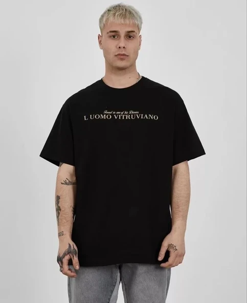 Unisex Bisiklet Yaka Baskılı Oversize T-Shirt - Siyah ürün görseli