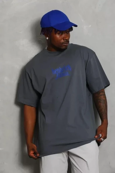 Unisex Oversize Baskılı Bisiklet Yaka T-Shirt - Füme ürün görseli