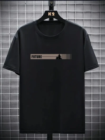 Baskılı Oversize Bisiklet Yaka T-shirt - Siyah ürün görseli