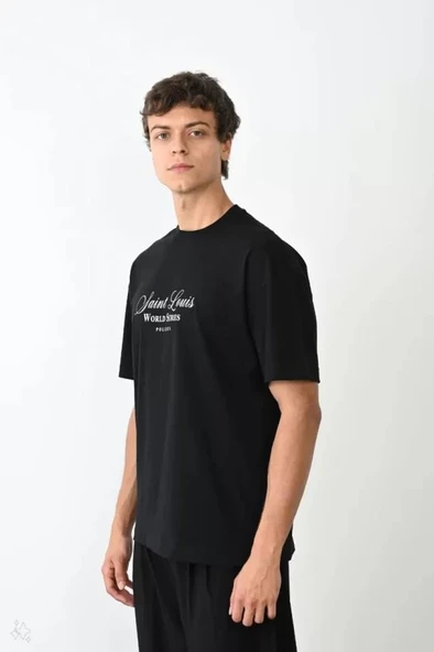 Unisex Bisiklet Yaka Baskılı Oversize T-Shirt - Siyah - Resim 3