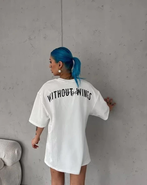 Unisex Bisiklet Yaka Baskılı Oversize T-Shirt - Beyaz - Resim 3