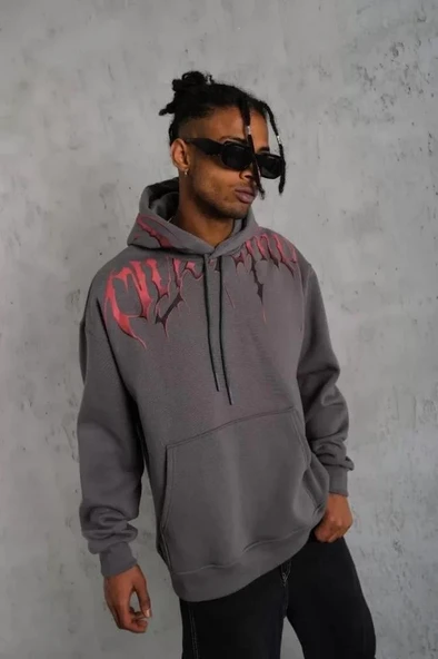 Erkek Ön Ve Arka Baskılı Kapüşonlu 3 İplik Sweatshirt - Füme ürün görseli