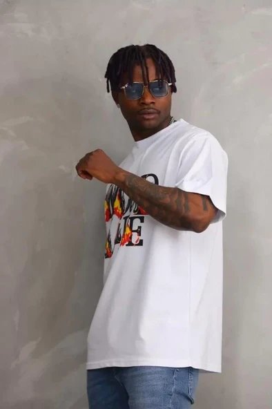 Unisex Baskılı Oversize T-Shirt - Beyaz - Resim 4