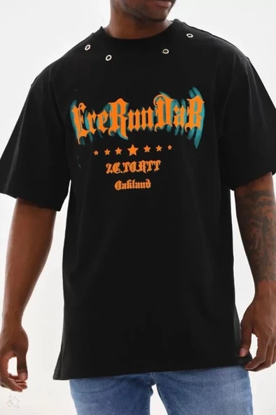 Unisex Kuşgözü Detaylı Baskılı Oversize T-Shirt - Siyah ürün görseli