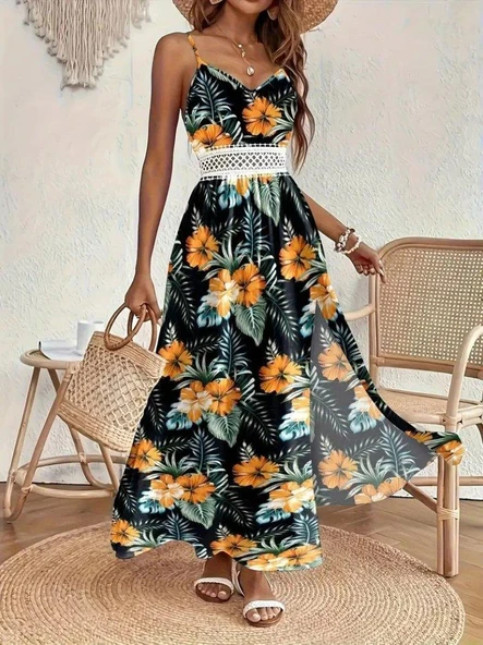 Kadın Ip Askılı V Yakalı Bel Güpür çiçek Desenli Yandan Yırtmaçlı Maksi Süprem Elbise - Resim 4