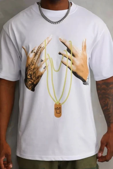 Unisex Baskılı Oversize T-Shirt - Beyaz ürün görseli