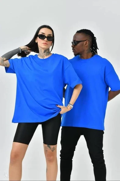 Unisex Basic Bisiklet Yaka Oversize T-Shirt - Mavi ürün görseli