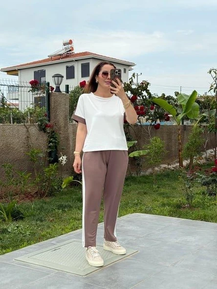 Kadın Modal Dokulu Kumaş Yanı şeritli Takım - Resim 3