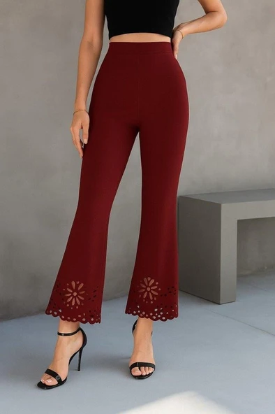 Kadın Yüksek Bel Paçaya Doğru Genişleyen Lazer çiçek Kesim Detaylı Ithal Krep Pantolon - Resim 3
