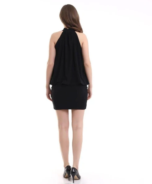 Kadın Yüksek Yaka Büzgü Detaylı Şifon Garnili Sandy Kumaş Fırsat Ürün Diz Üstü Elbise - Resim 4