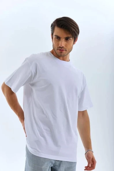 Unisex Oversize Düz Bisiklet Yaka T-Shirt - Beyaz - Resim 4