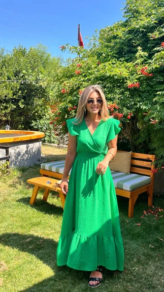 Kadın Kısa Kollu Kruvaze Yakalı Beli Lastikli Müslim Elbise - Resim 5